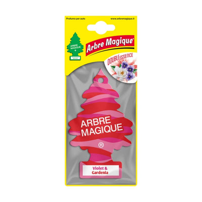 Deodorante auto Arbre Magique Violet Gardenia a forma di alberello, fragranza fiorita di violetta e gardenia con note legnose