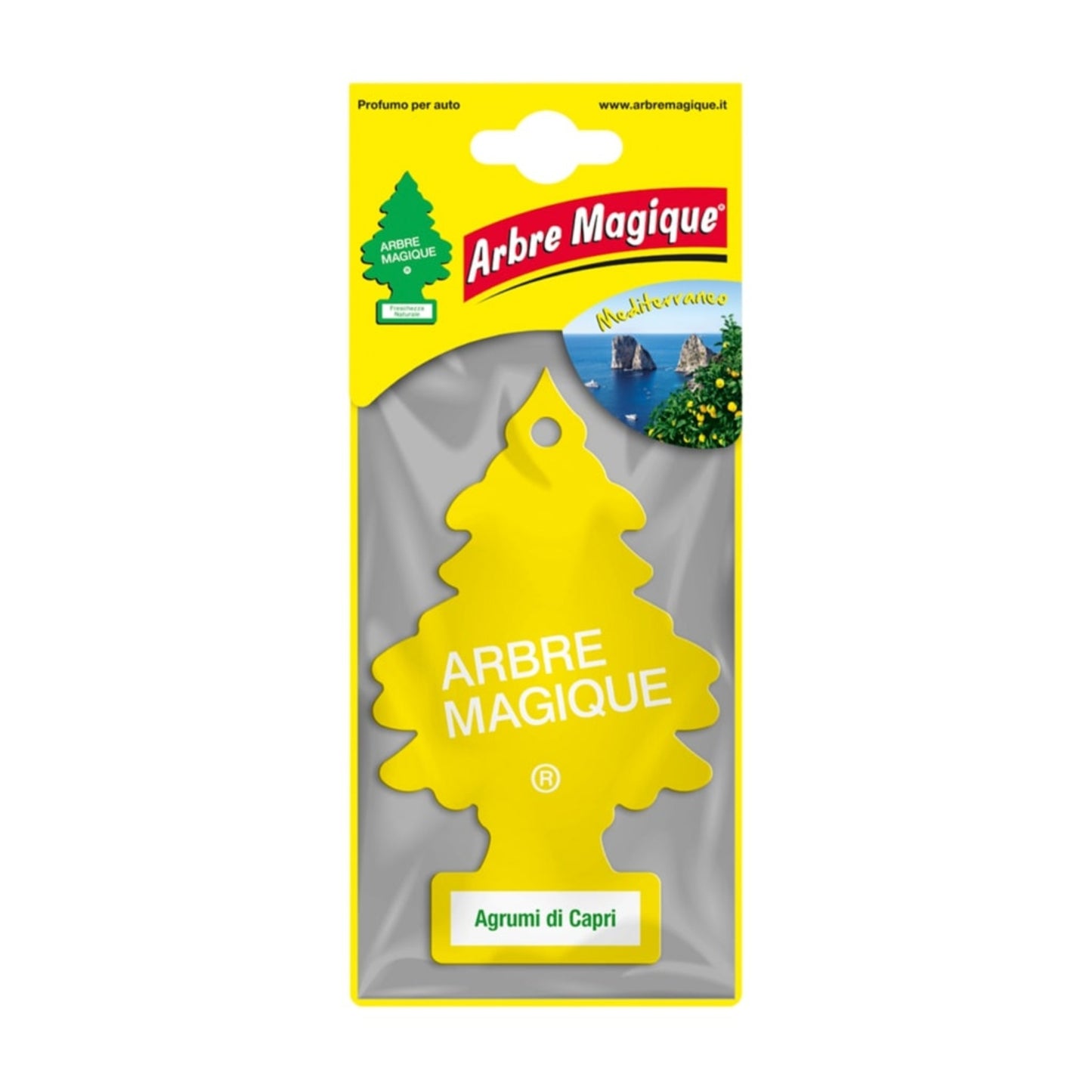 Deodorante auto Arbre Magique Agrumi di Capri a forma di alberello, fragranza di limone, menta e lime mediterraneo