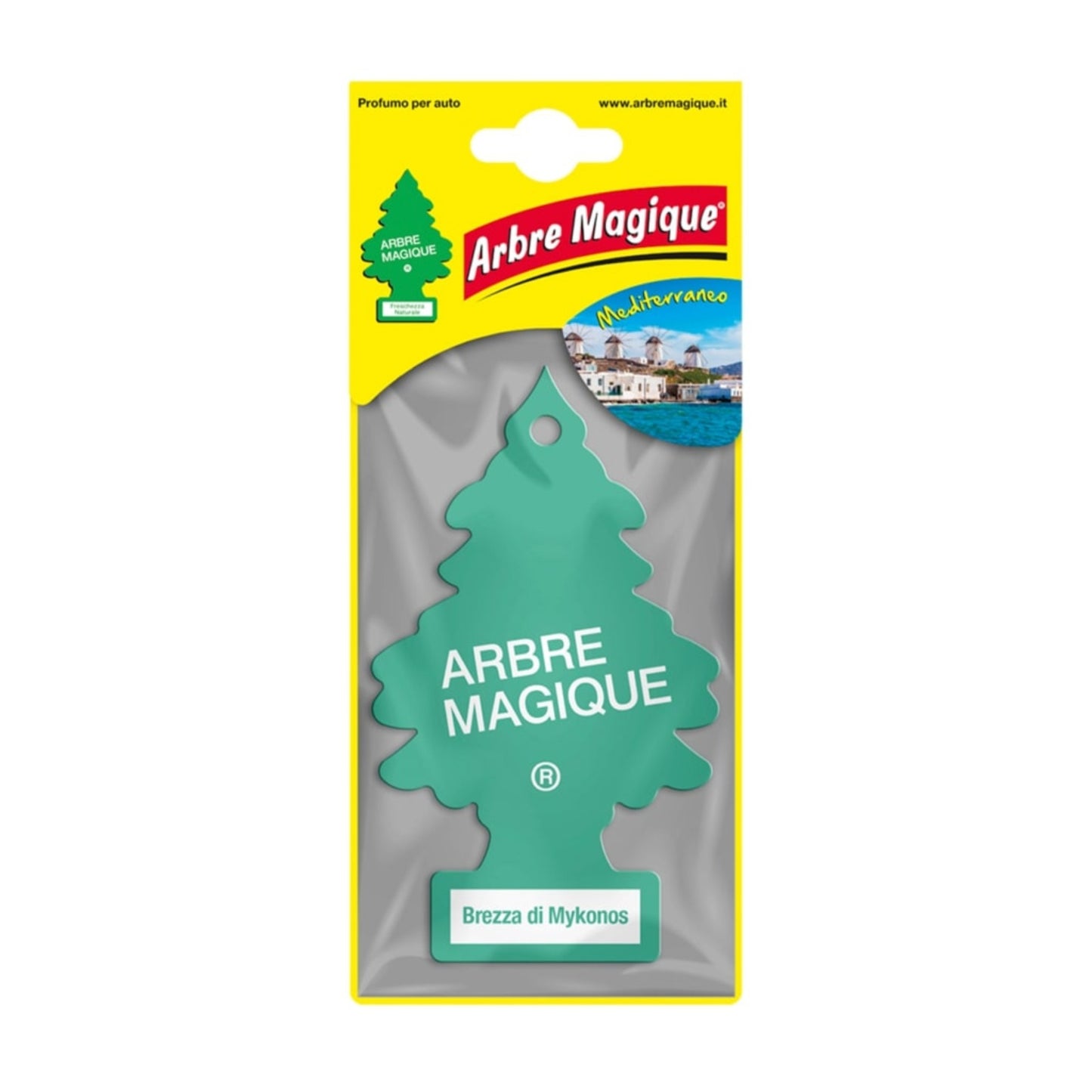 Deodorante auto Arbre Magique Brezza di Mykonos a forma di alberello, fragranza di mela verde, limone e iris