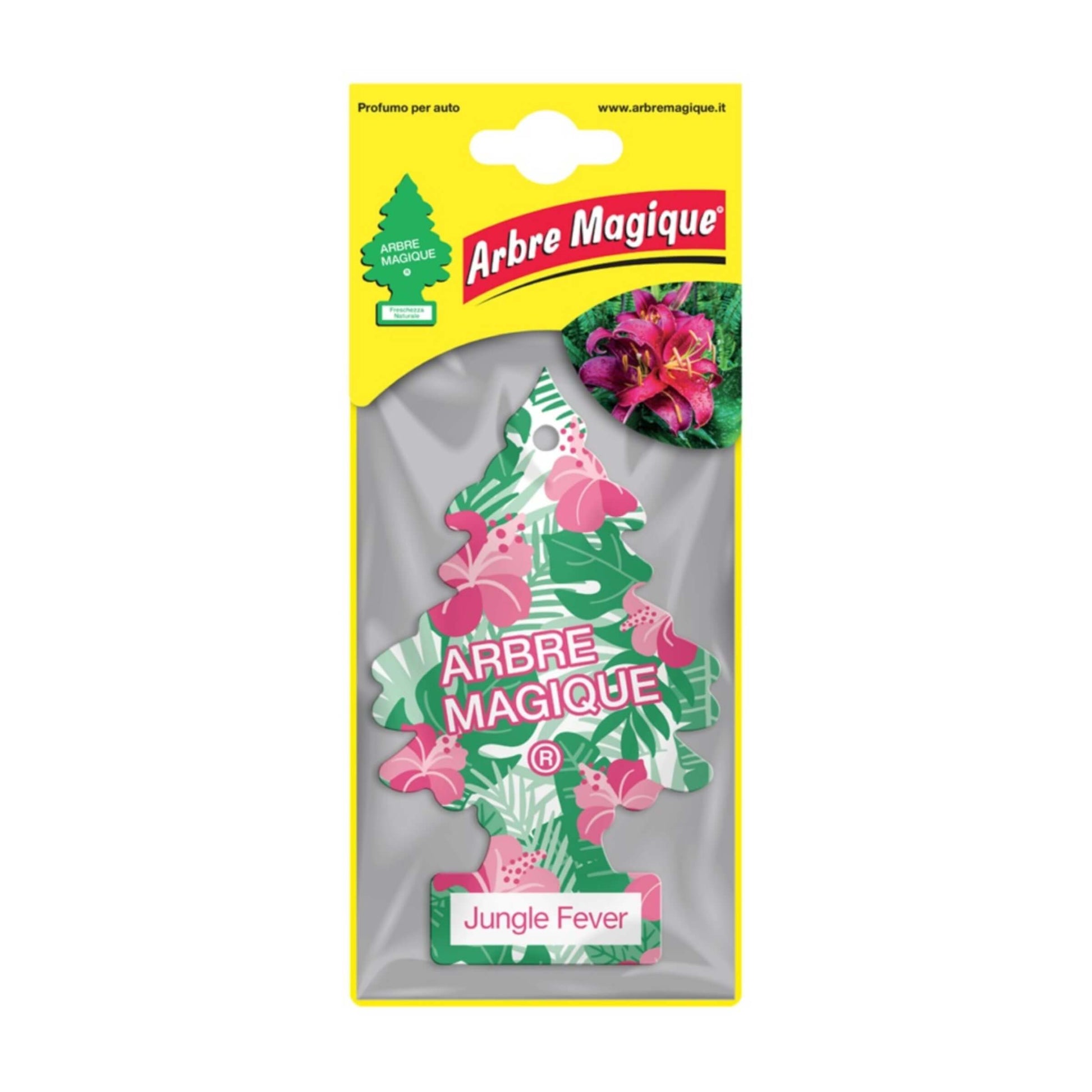 Deodorante auto Arbre Magique Jungle Fever a forma di alberello, fragranza floreale di ibisco selvatico, gelsomino e gigli