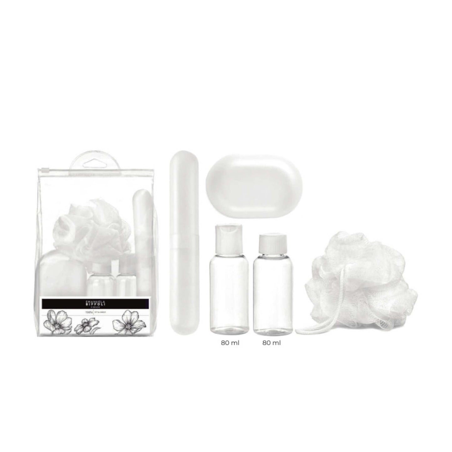 Set viaggio completo in busta con zip contenitori 80ml e portasapone