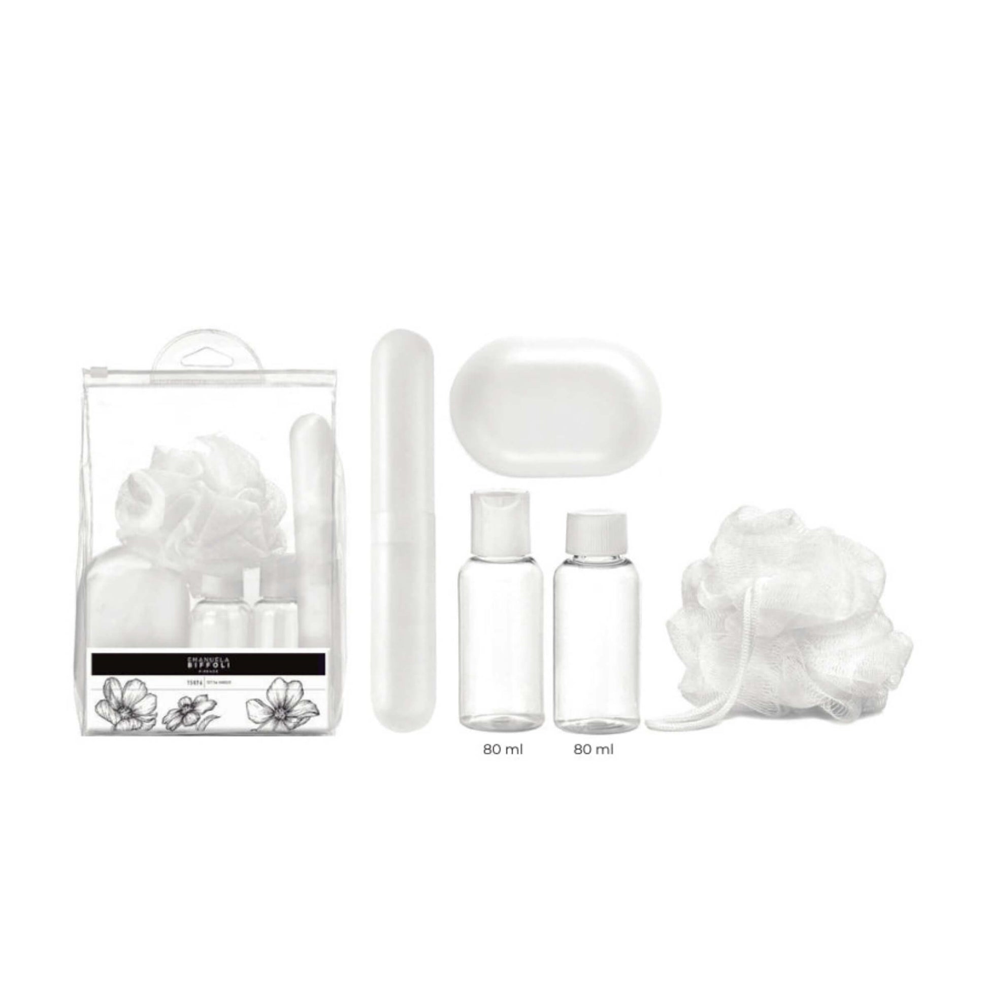 Set viaggio completo in busta con zip contenitori 80ml e portasapone