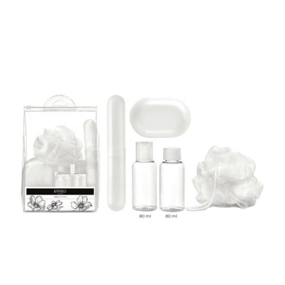 Set viaggio completo in busta con zip contenitori 80ml e portasapone