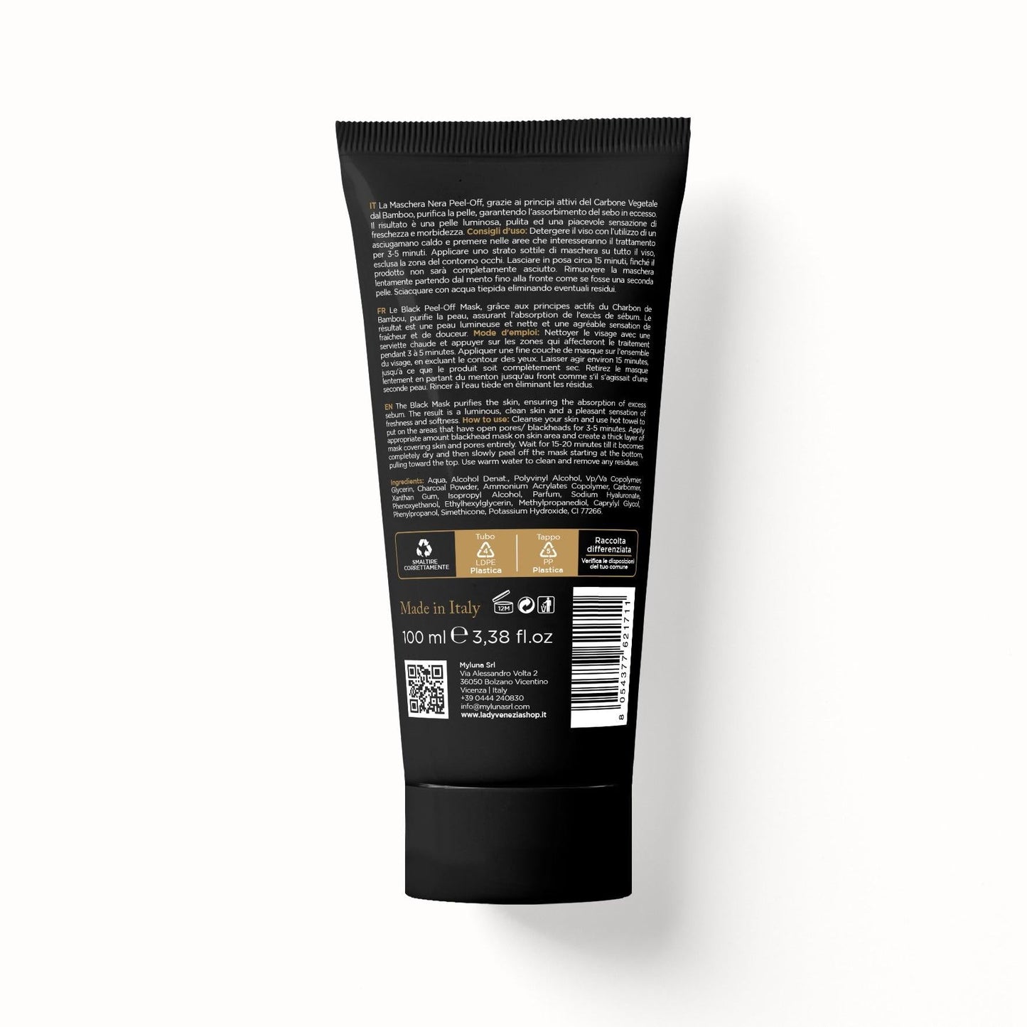 Black Mask Lady Venezia 100 ml applicazione peel off, carbone bamboo su viso dettaglio