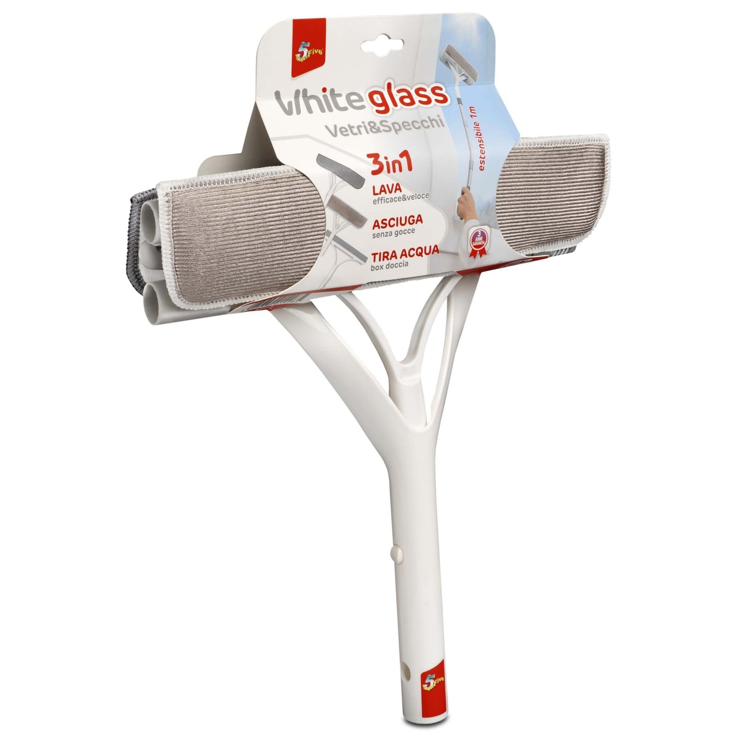 White Glass Kit Vetri e Specchi 3 in1 Estensibile fino ad 1 Metro con Microfibre e Tira Acqua