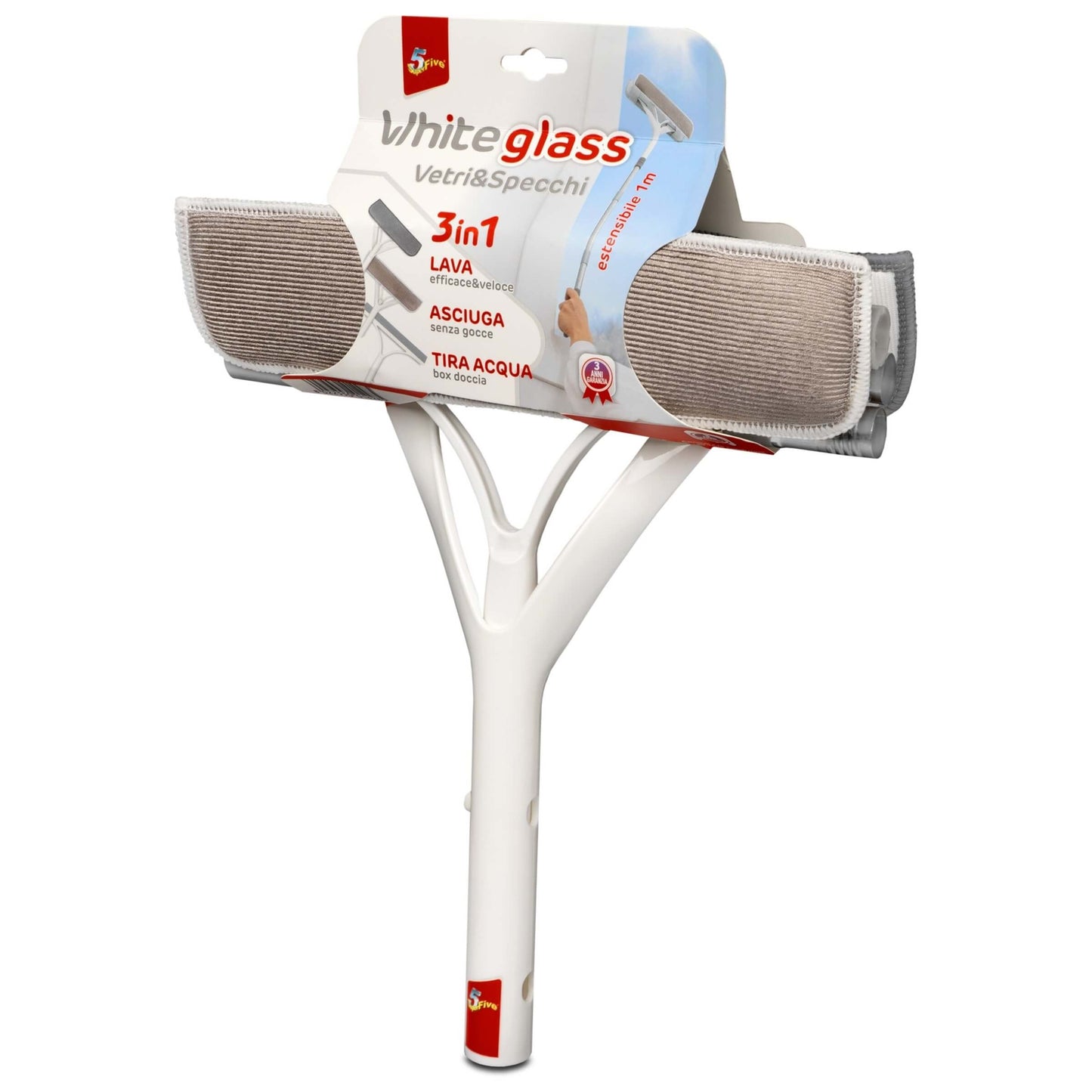 White Glass Kit Vetri e Specchi 3 in1 Estensibile fino ad 1 Metro con Microfibre e Tira Acqua