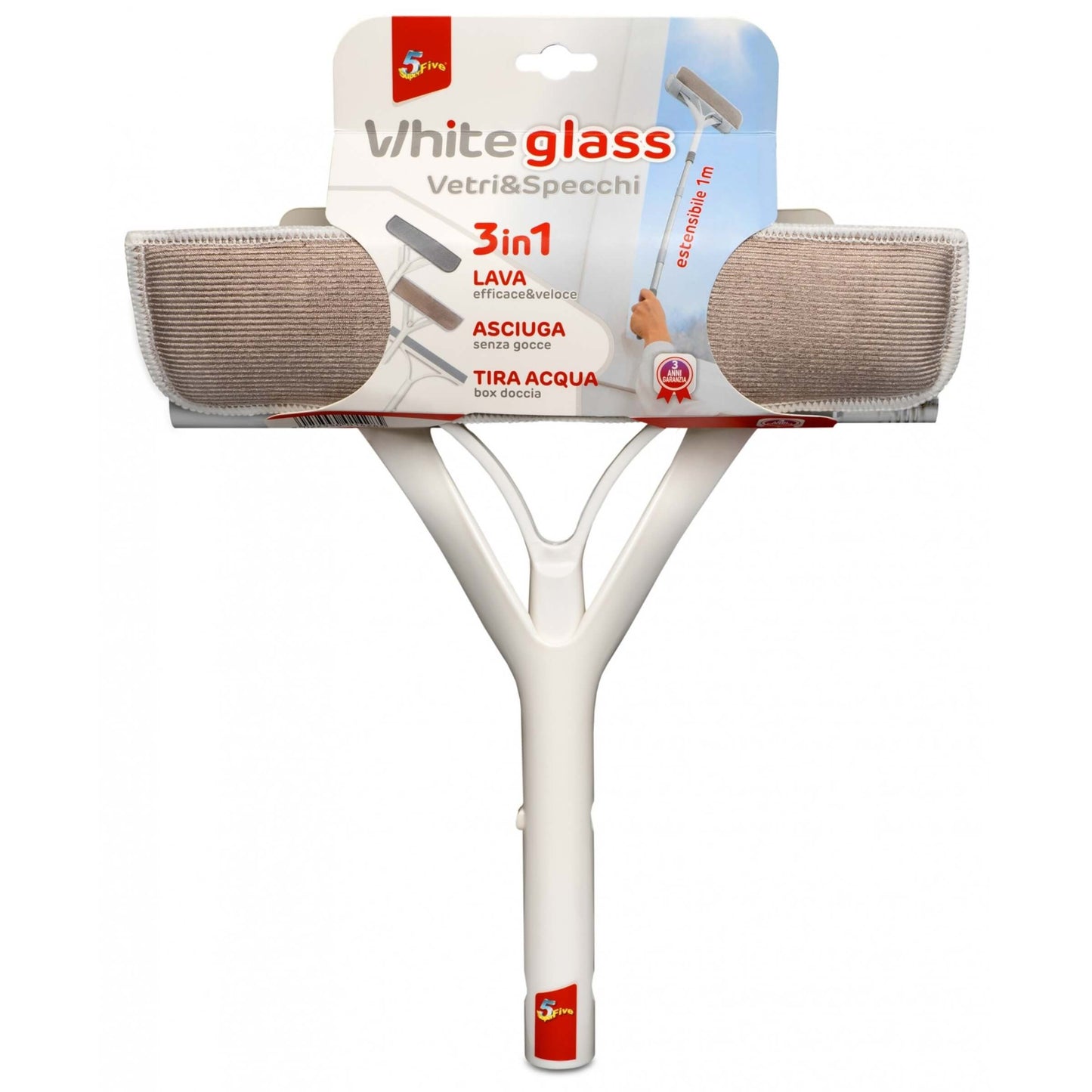 White Glass Kit Vetri e Specchi 3 in1 Estensibile fino ad 1 Metro con Microfibre e Tira Acqua