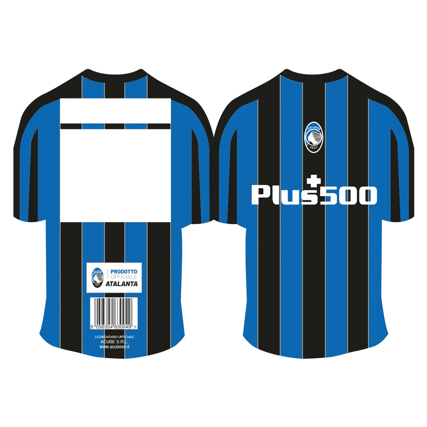 Biglietto ufficiale auguri maglia Atalanta, forma maglia con colori nero e blu e logo squadra