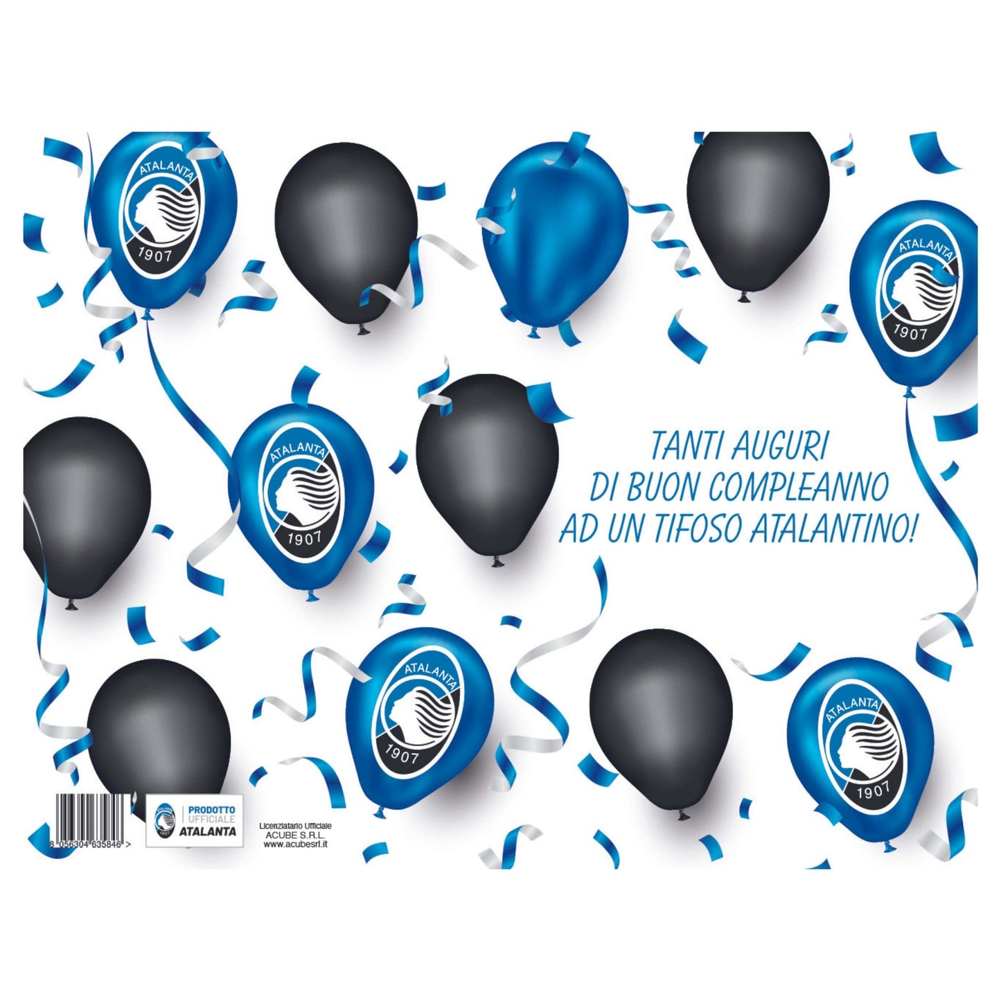 Biglietto ufficiale Atalanta palloncini tanti auguri, colori nero e blu con logo squadra
