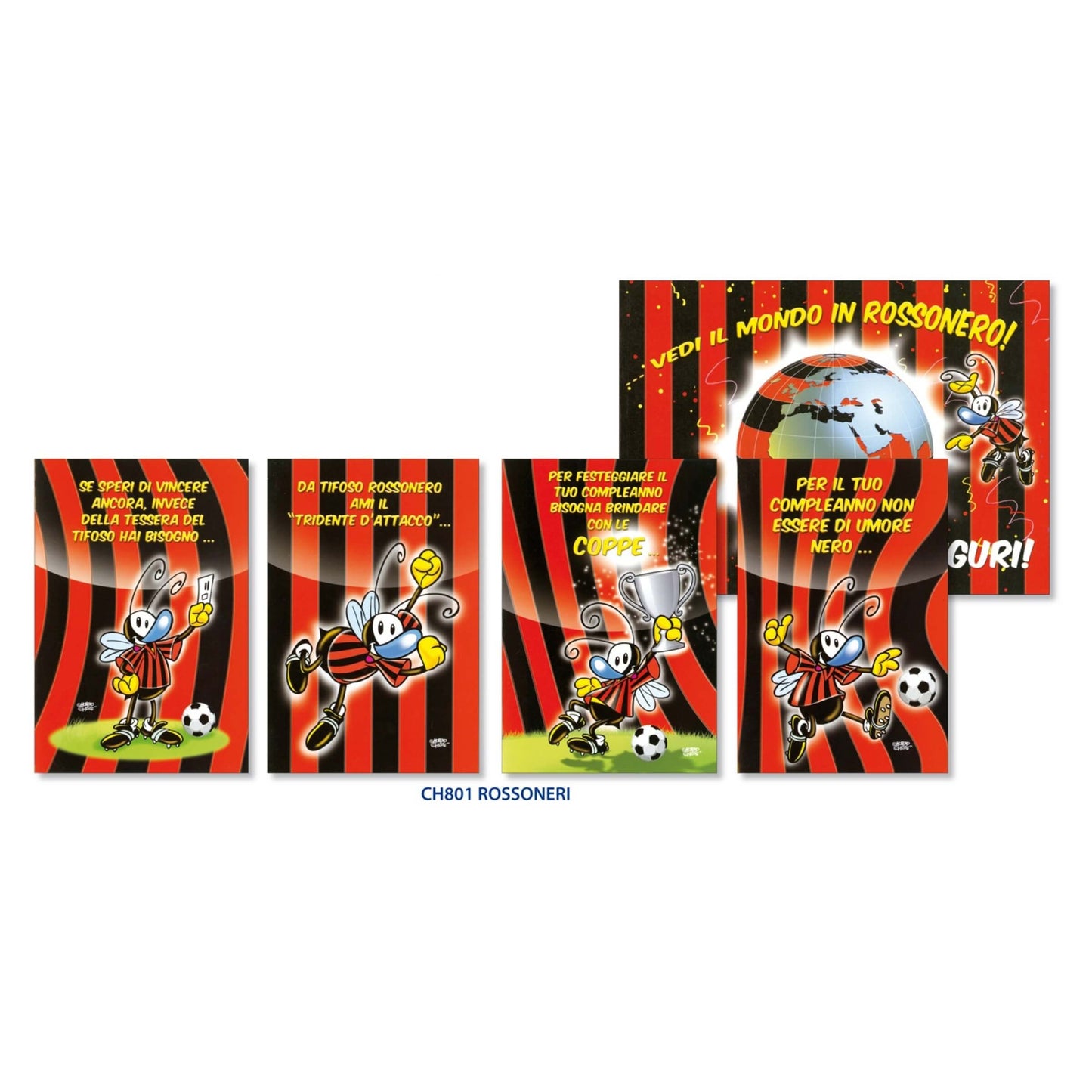 Set 24 biglietti auguri Bizzy Bees Rossoneri con illustrazioni calcistiche e mascotte