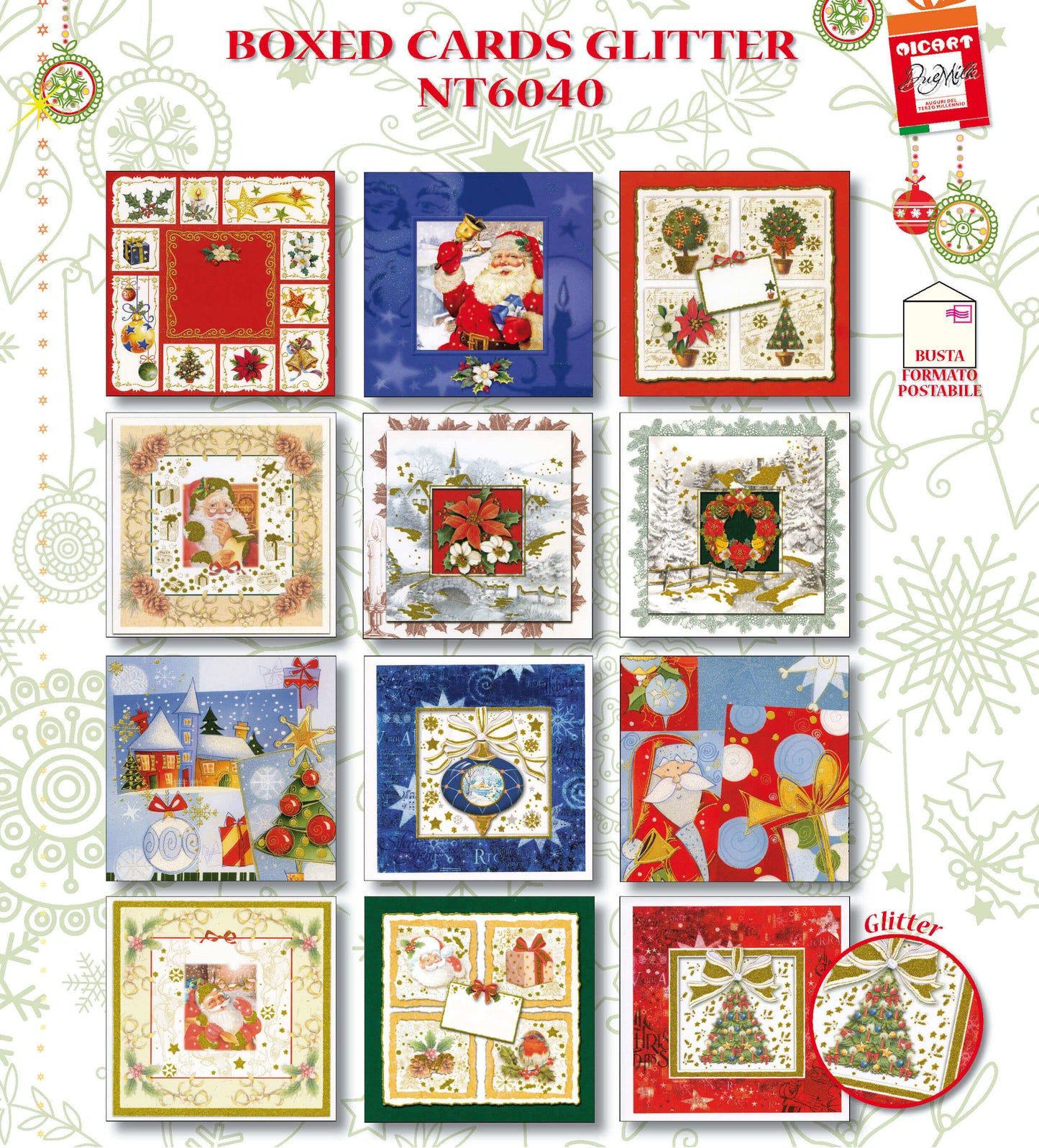 NT6040 - BIGLIETTI BUON NATALE BOXED CARD GLITTER  (24PZ)