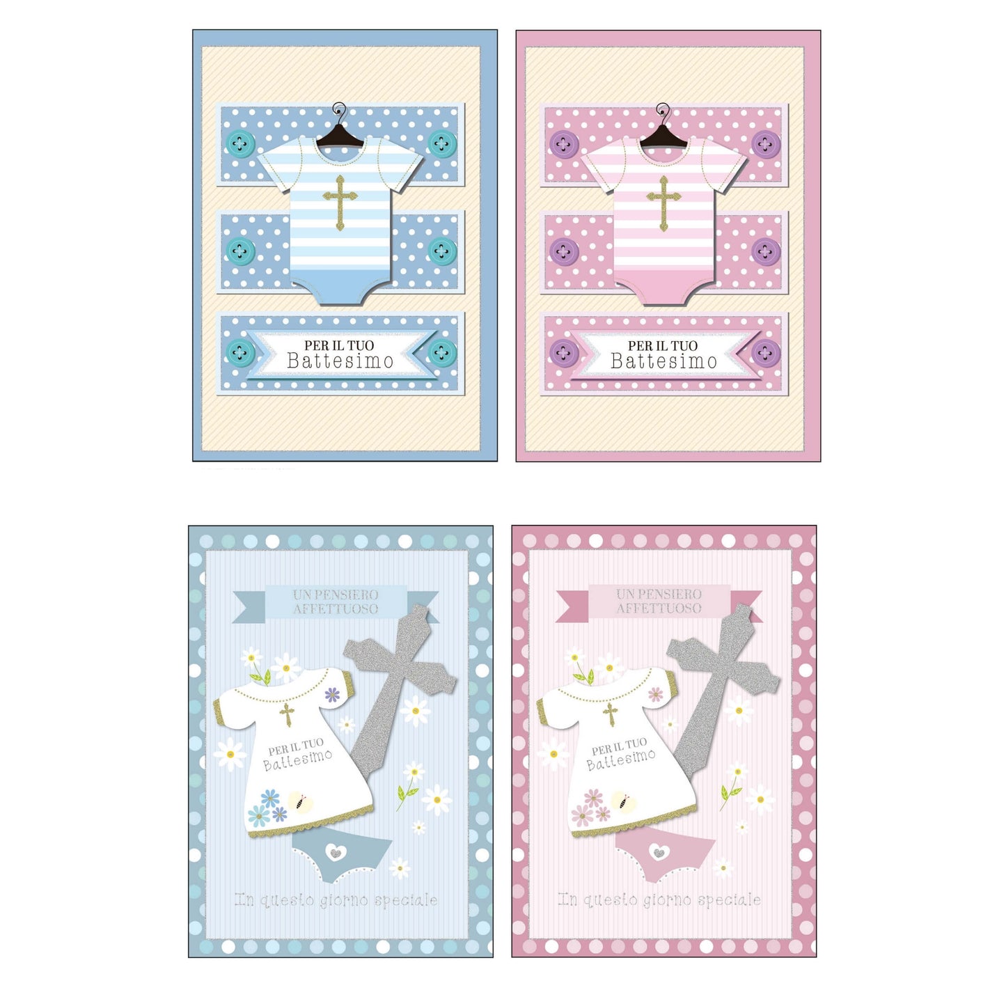 ASRE17 - Biglietti Auguri Battesimo con Foil Argento e Apllicazioni 3D (12PZ)