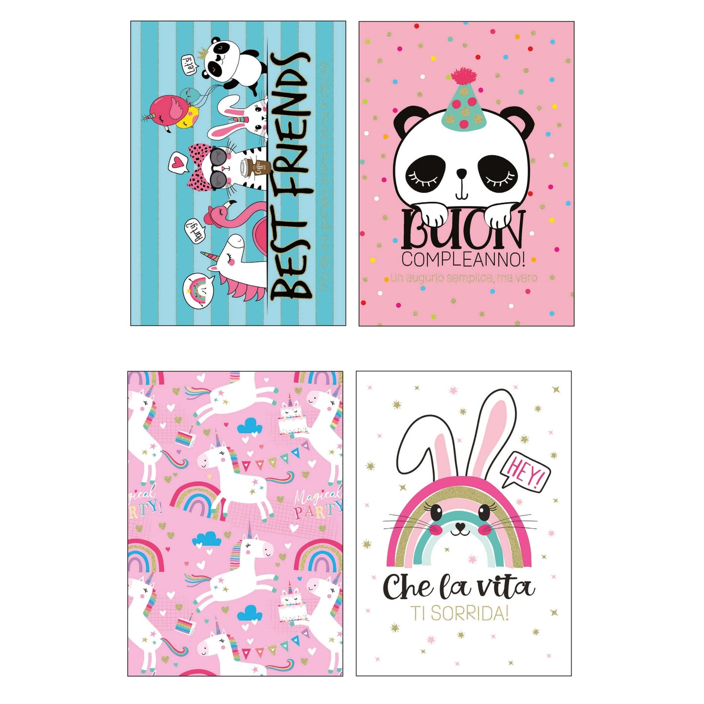 ALOF14 - Biglietti Compleanno Animali con Foil Olografico (12PZ)
