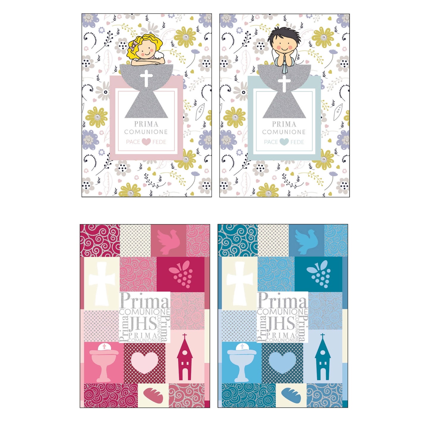 12 biglietti Prima Comunione Marpimar con foil argento, stile moderno e illustrazioni di bimbi in abito da cerimonia