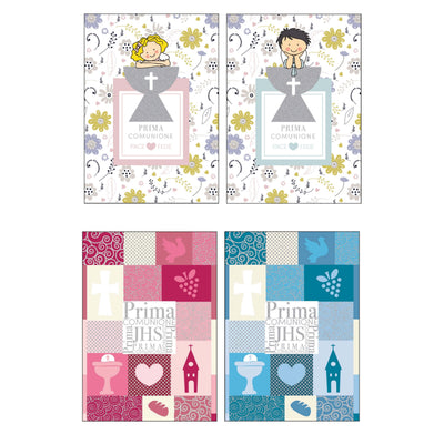 12 biglietti Prima Comunione Marpimar con foil argento, stile moderno e illustrazioni di bimbi in abito da cerimonia