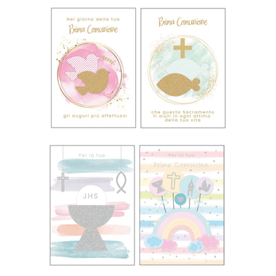 12 biglietti Prima Comunione Marpimar con foil oro e illustrazioni ad acquerello con colomba, calice e pesce
