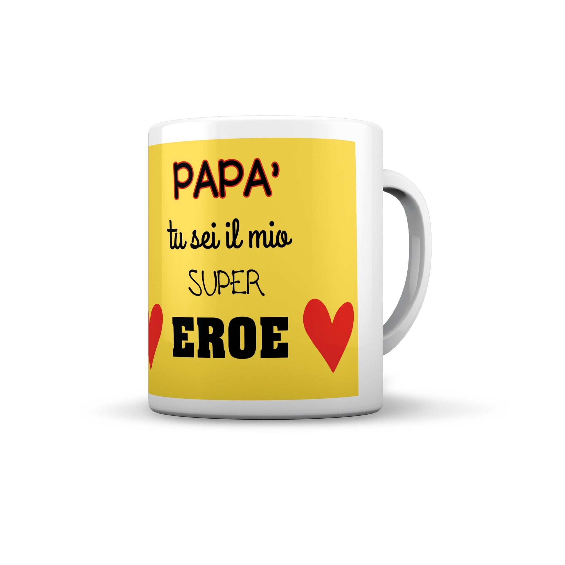 Tazza in ceramica Papà Super Eroe fondo giallo luminoso scritta dedicata