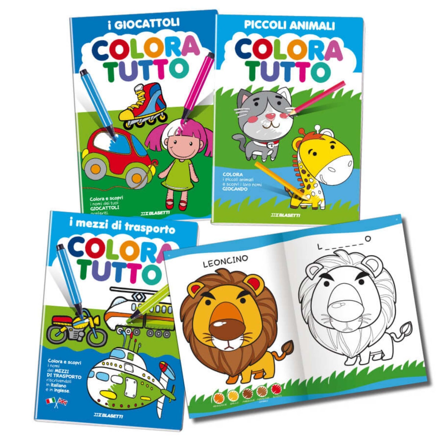 6 Album da Colorare Blasetti Linea 1 Giocattoli - Piccoli Animali - Mezzi di Trasporto - 24 Facciate Carta 120 gr