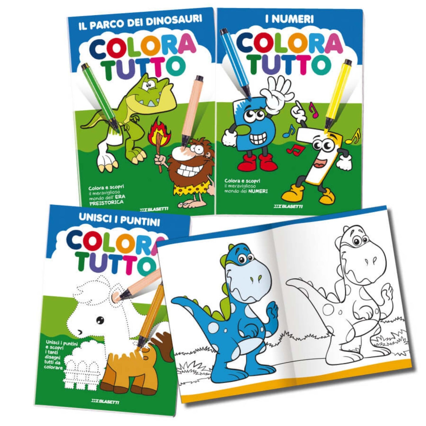 6 Album da Colorare Blasetti Linea 2 Dinosauri - Numeri - Puntini da unire - 24 Facciate Carta 120 gr