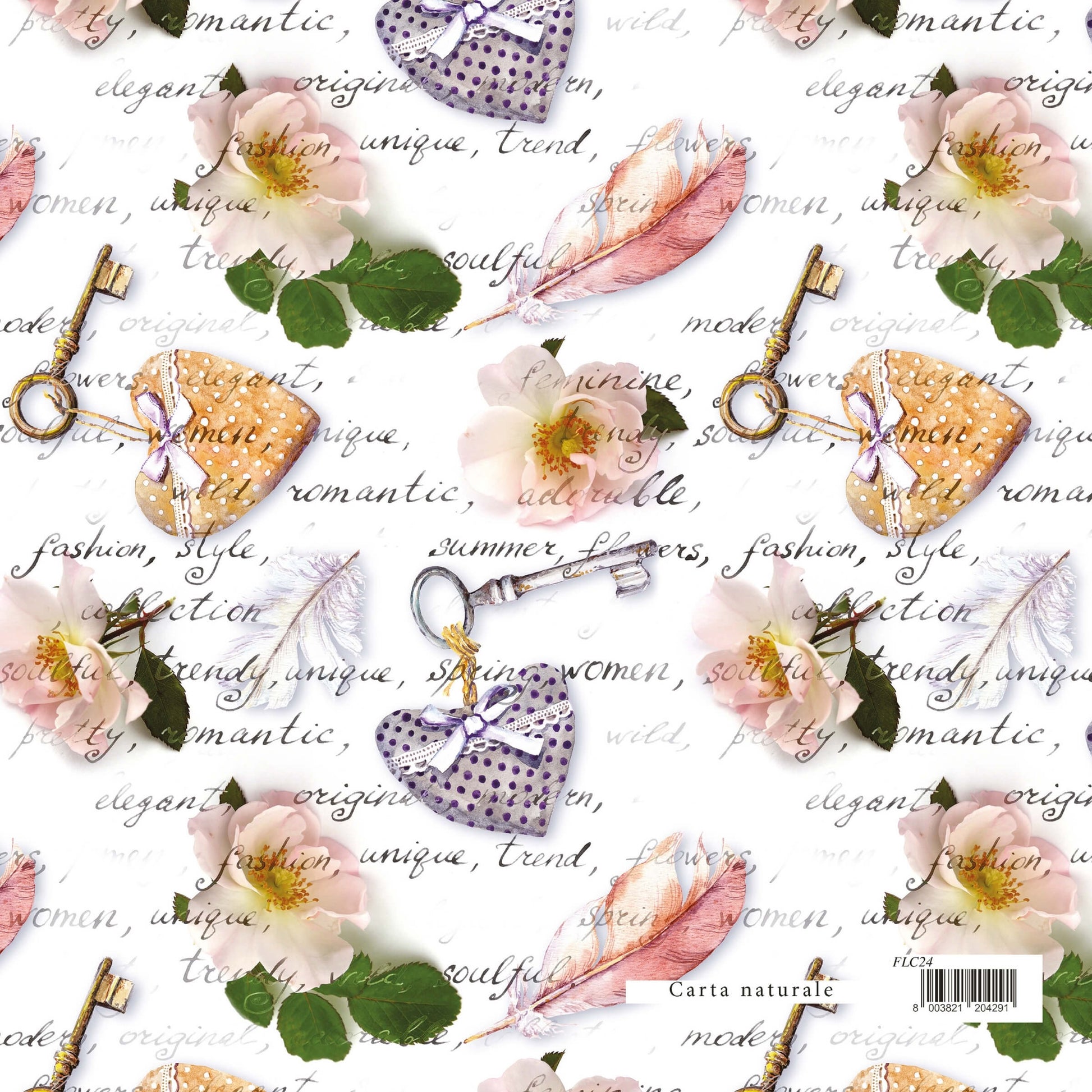 Carta regalo fiori e cuori 70x100 cm 90 gr motivi floreali su fondo chiaro FLC24