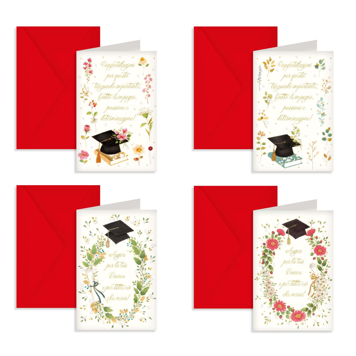 Kartos Biglietti di Auguri per Laurea con Cappello e Alloro, Oro a Caldo, Rilievo e Buste Rosse (12PZ) 07572501