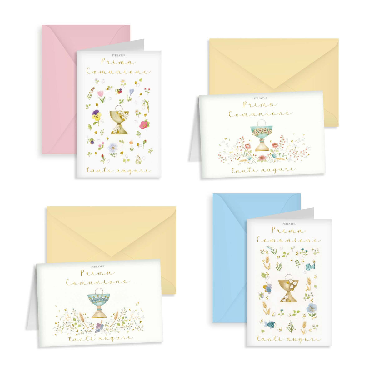 Kartos Biglietti di Prima Comunione con Calici e Fiori, Oro a Caldo, Rilievo e Buste Colorate (12PZ) 17359401