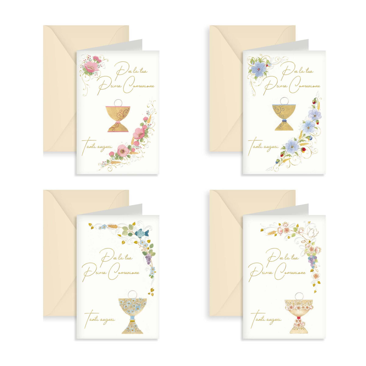 Kartos Biglietti di Prima Comunione con Calici Eleganti, Oro a Caldo, Rilievo e Buste Avorio (12PZ) 17359501