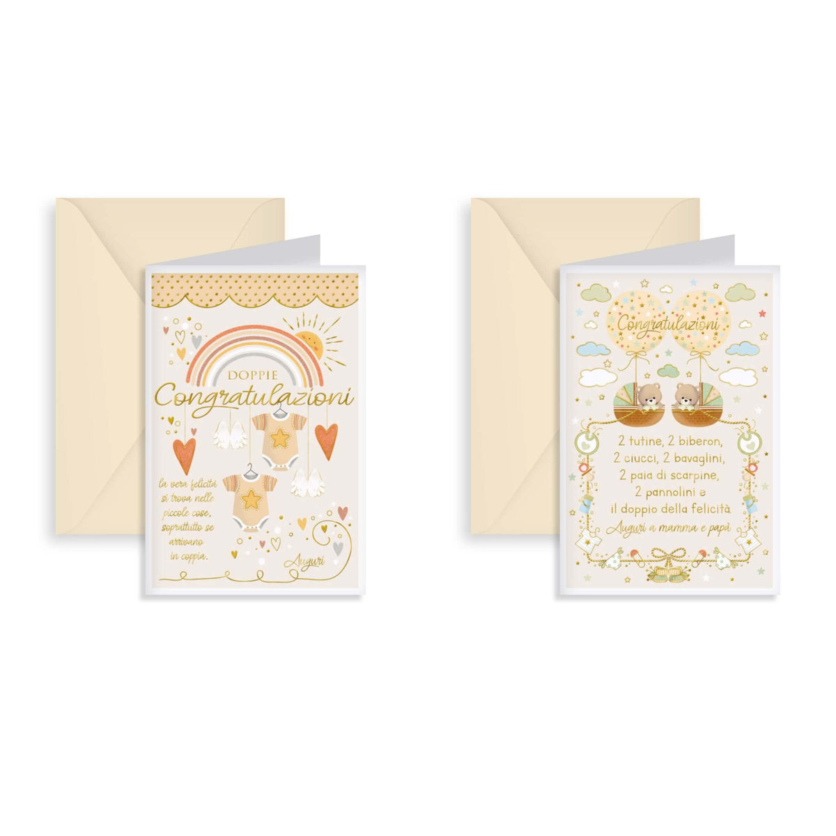 Kartos Biglietti di Auguri per Nascita Gemelli con Tutine e Orsetti, Oro a Caldo, Glitter (12PZ) 17849801