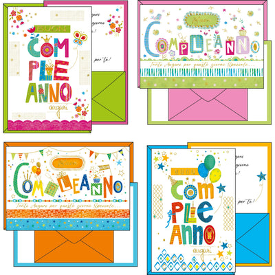 07-5590 BIGLIETTI BUON COMPLEANNO LETTERE COLORATE PORTA SOLDI CON BUSTINA COLORATA (12PZ)