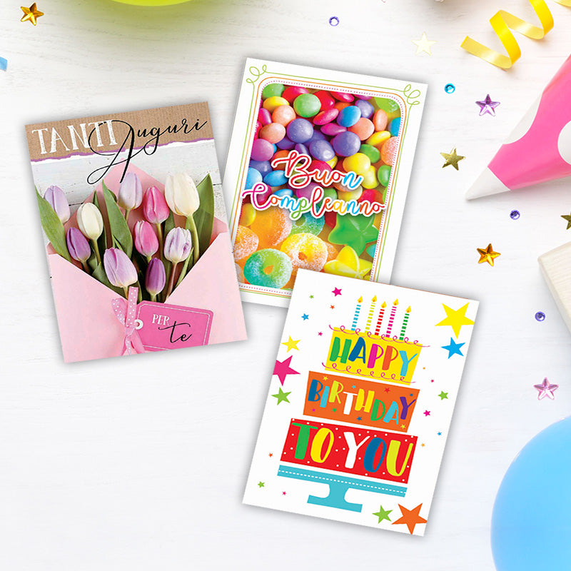 3 BIGLIETTI MEDI 7x10 cm CON BUSTINA COLORATA AUGURI