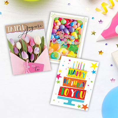 3 BIGLIETTI MEDI 7x10 cm CON BUSTINA COLORATA AUGURI