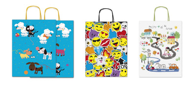 Shopper regalo kraft bianco 16x21x8cm 53227 con stampe colori manico ritorto 25pz