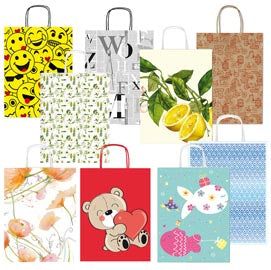 Shopper regalo kraft bianco 16x21x8cm con stampe colori e manico ritorto 25pz
