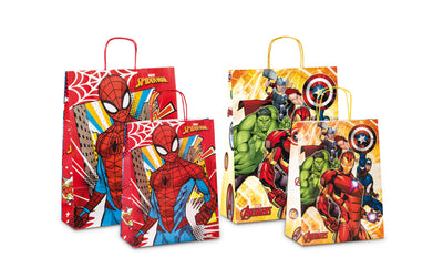 Shopper Marvel kraft bianco 26x34,5x12cm con stampe a colori e manico ritorto 25pz