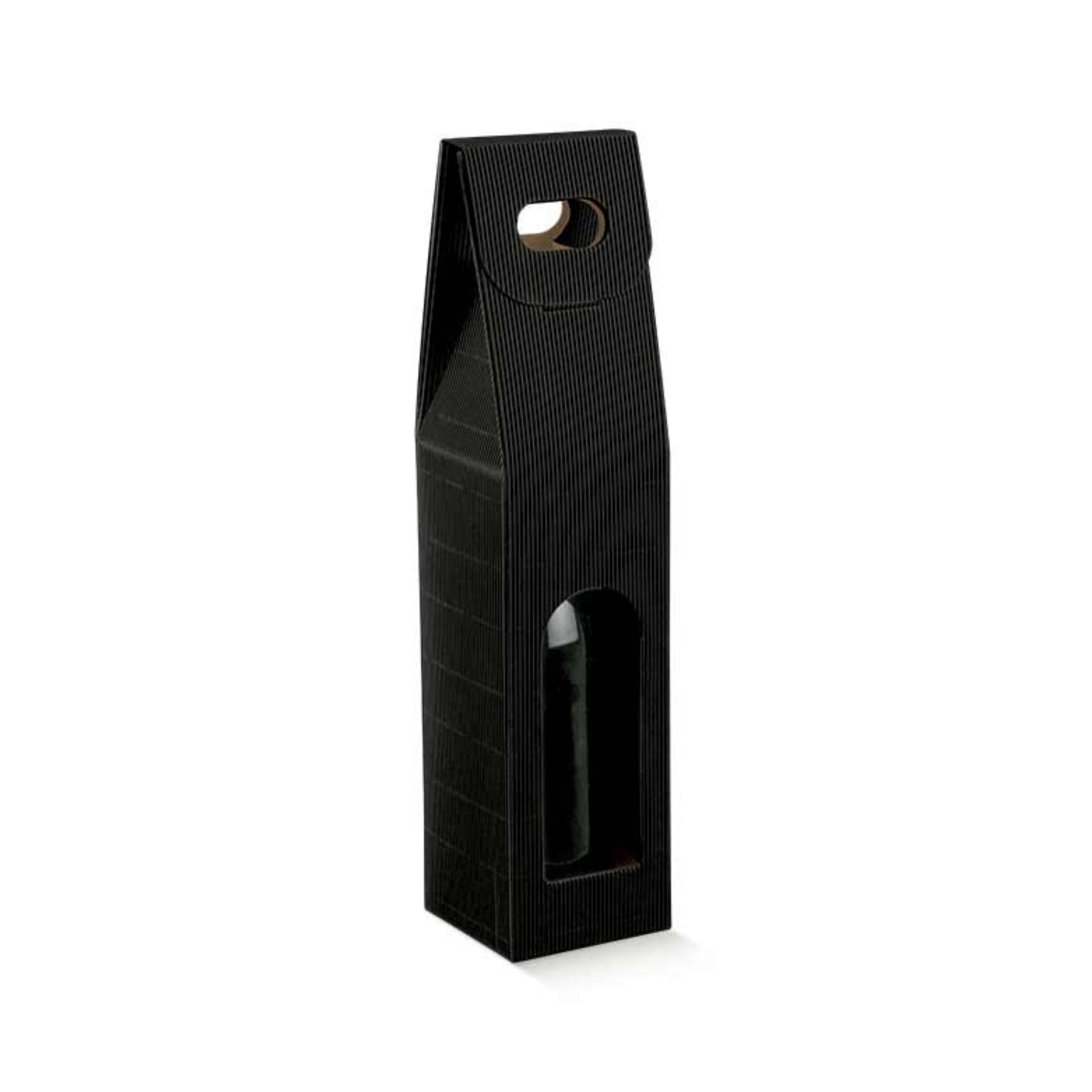 Scatola onda nero 90x90x385mm per 1 bottiglia con maniglia e finestra frontale