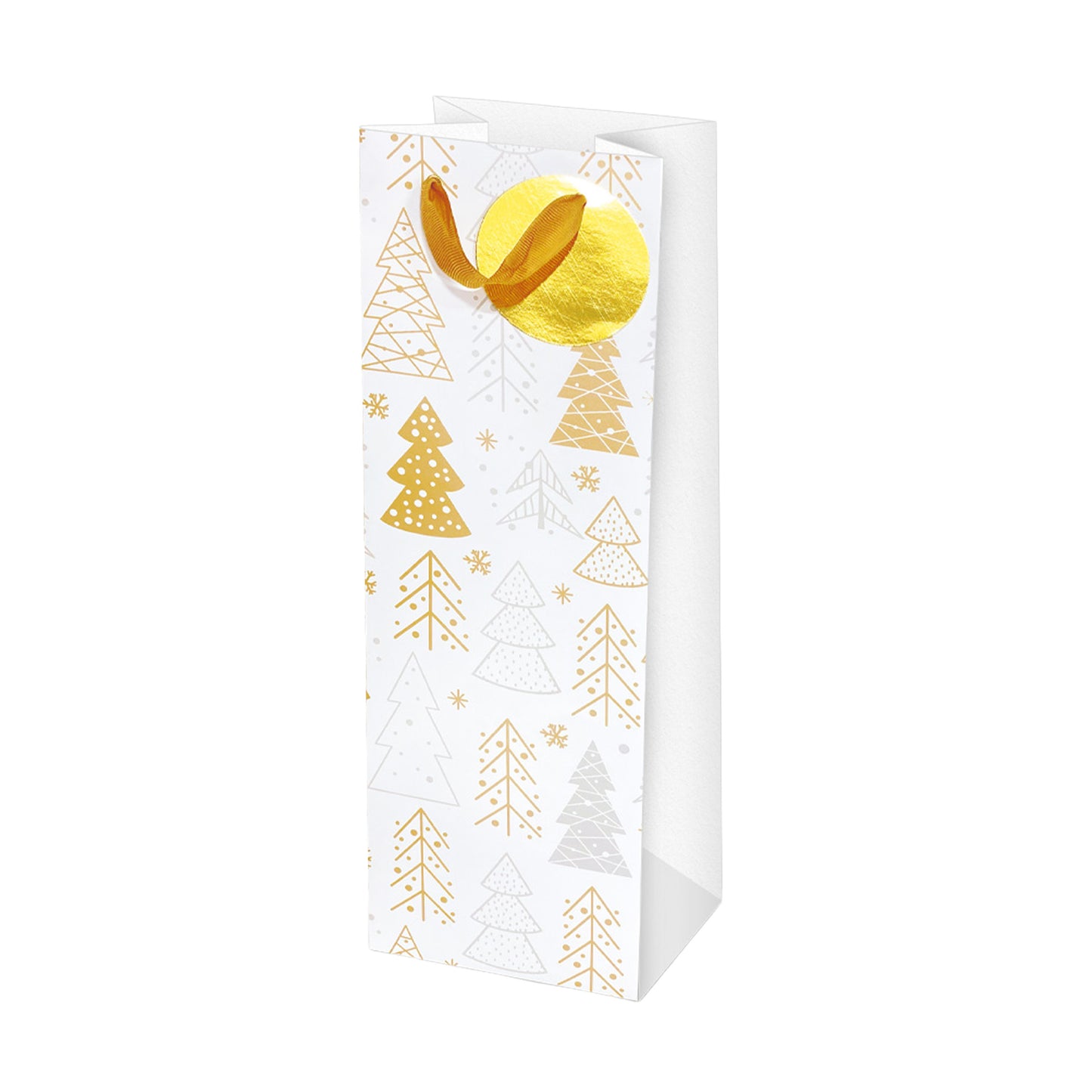 Shopper bottiglia natale bianco oro 11,4x36x11,4cm con alberi stilizzati e biglietto