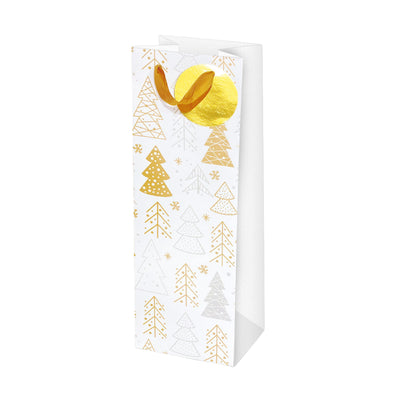 Shopper bottiglia natale bianco oro 11,4x36x11,4cm con alberi stilizzati e biglietto