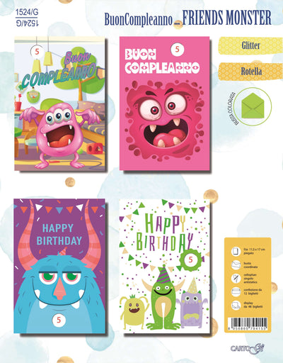 1524/G - BUON COMPLEANNO FRIENDS MONSTER CON ROTELLA (12PZ)