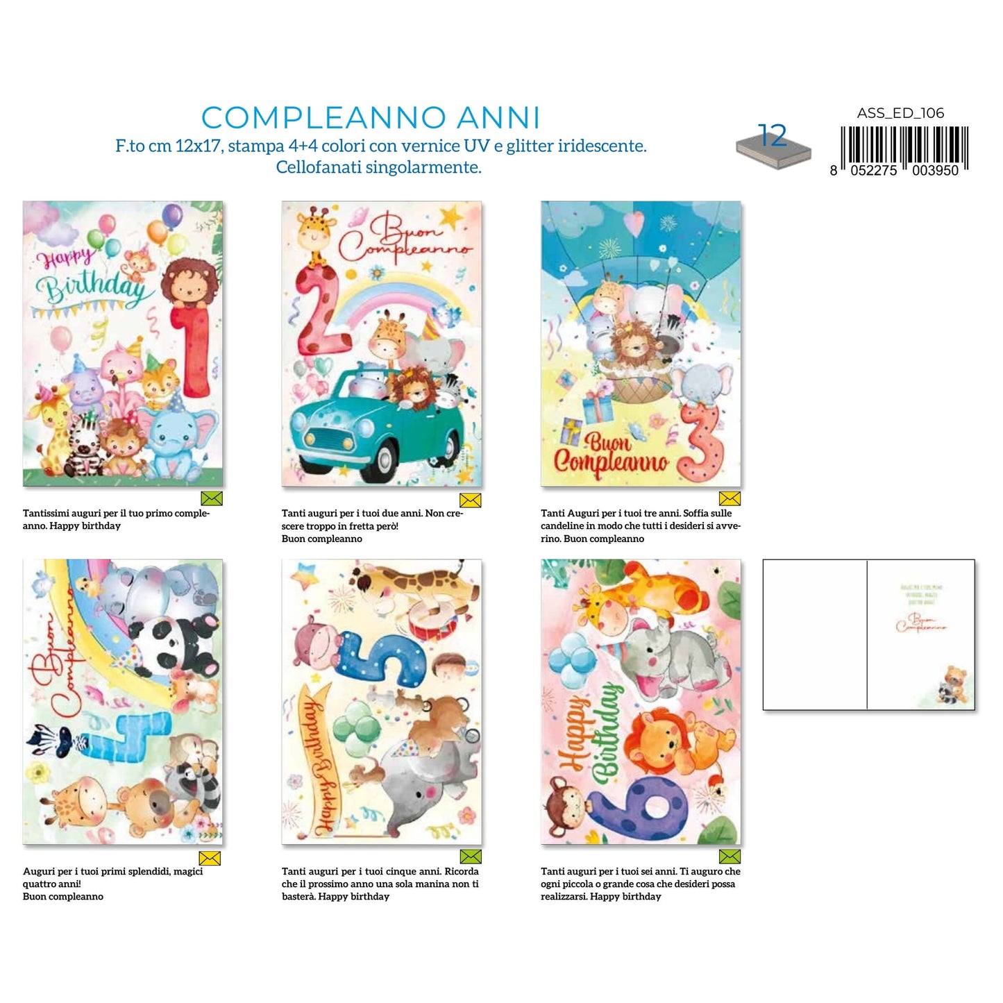 ED-106 BIGLIETTI COMPLEANNO ANNI VERNICE UV E GLITTER (12PZ)
