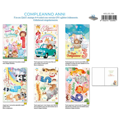 ED-106 BIGLIETTI COMPLEANNO ANNI VERNICE UV E GLITTER (12PZ)