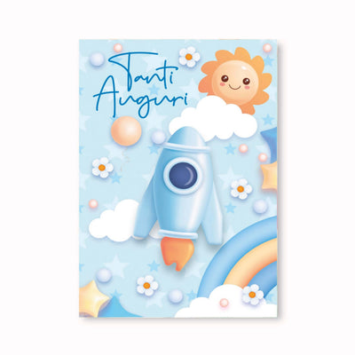 Biglietto auguri nascita azzurro pop up BF-083, razzo azzurro nuvole pastello, effetto 3D interno
