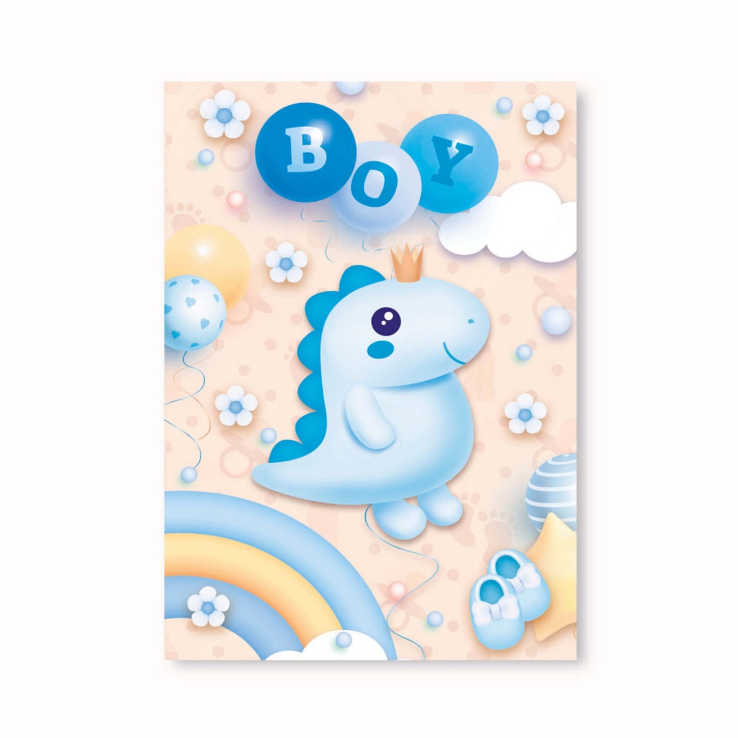 Biglietto auguri nascita boy azzurro BF-085, dinosauro con corona tra palloncini, effetto pop up 3D