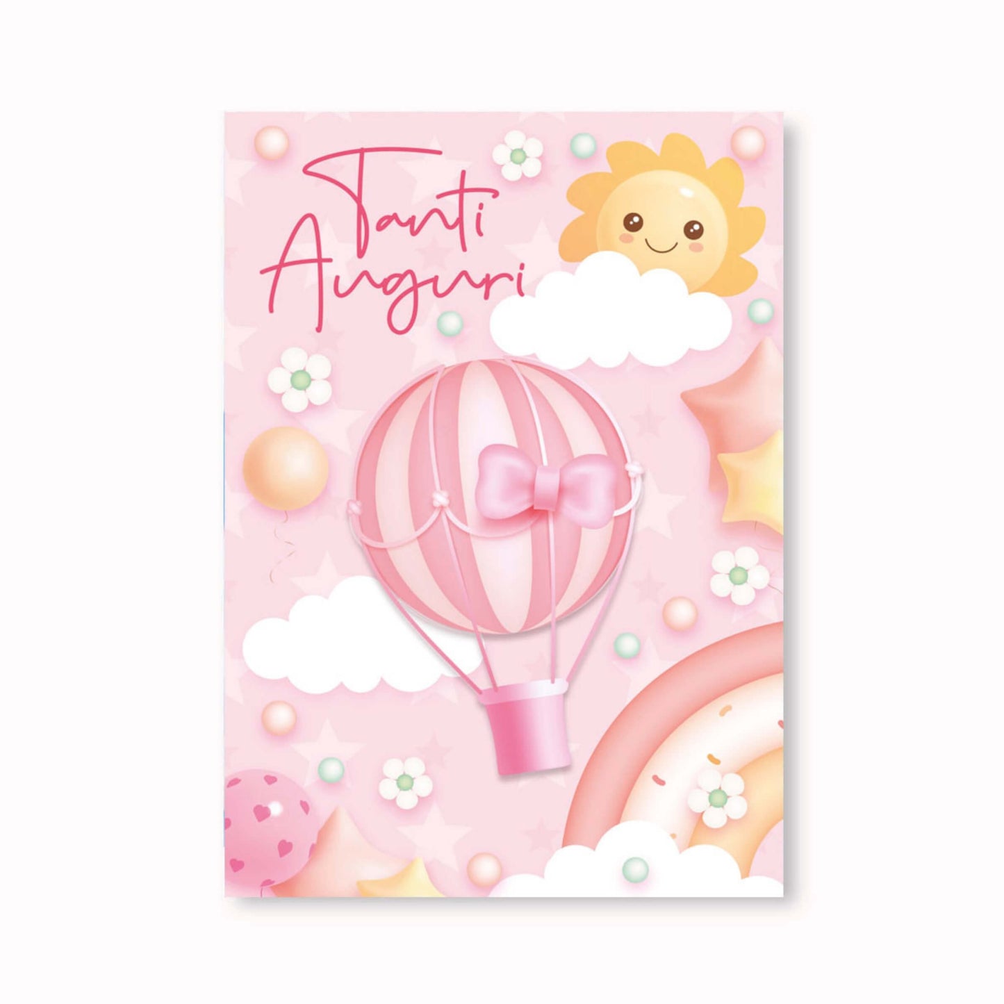 Biglietto auguri nascita rosa pop up BF-086, mongolfiera rosa nuvole fiori pastello, effetto 3D
