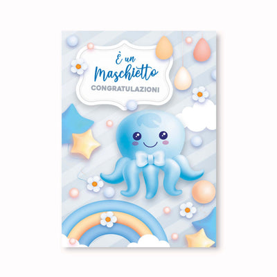 Biglietto auguri nascita azzurro BF-087, polipo con papillon stelle e arcobaleni, effetto pop up 3D