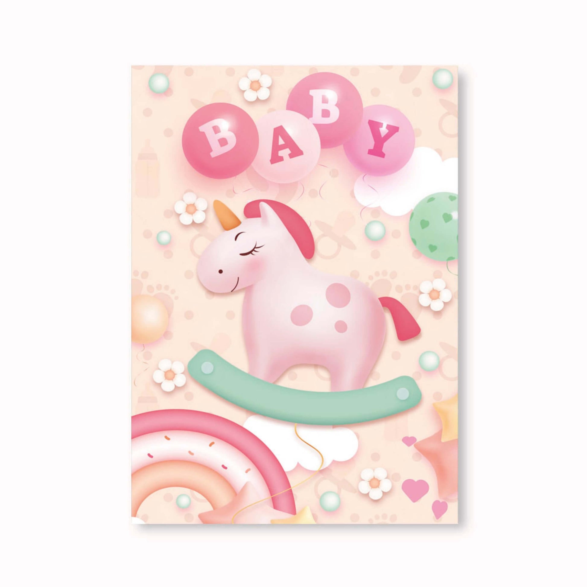 Biglietto auguri nascita baby rosa BF-088, unicorno a dondolo palloncini arcobaleni, effetto pop up 3D