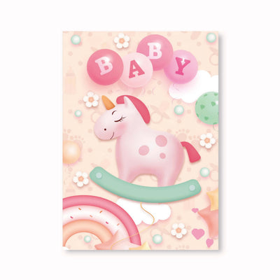 Biglietto auguri nascita baby rosa BF-088, unicorno a dondolo palloncini arcobaleni, effetto pop up 3D