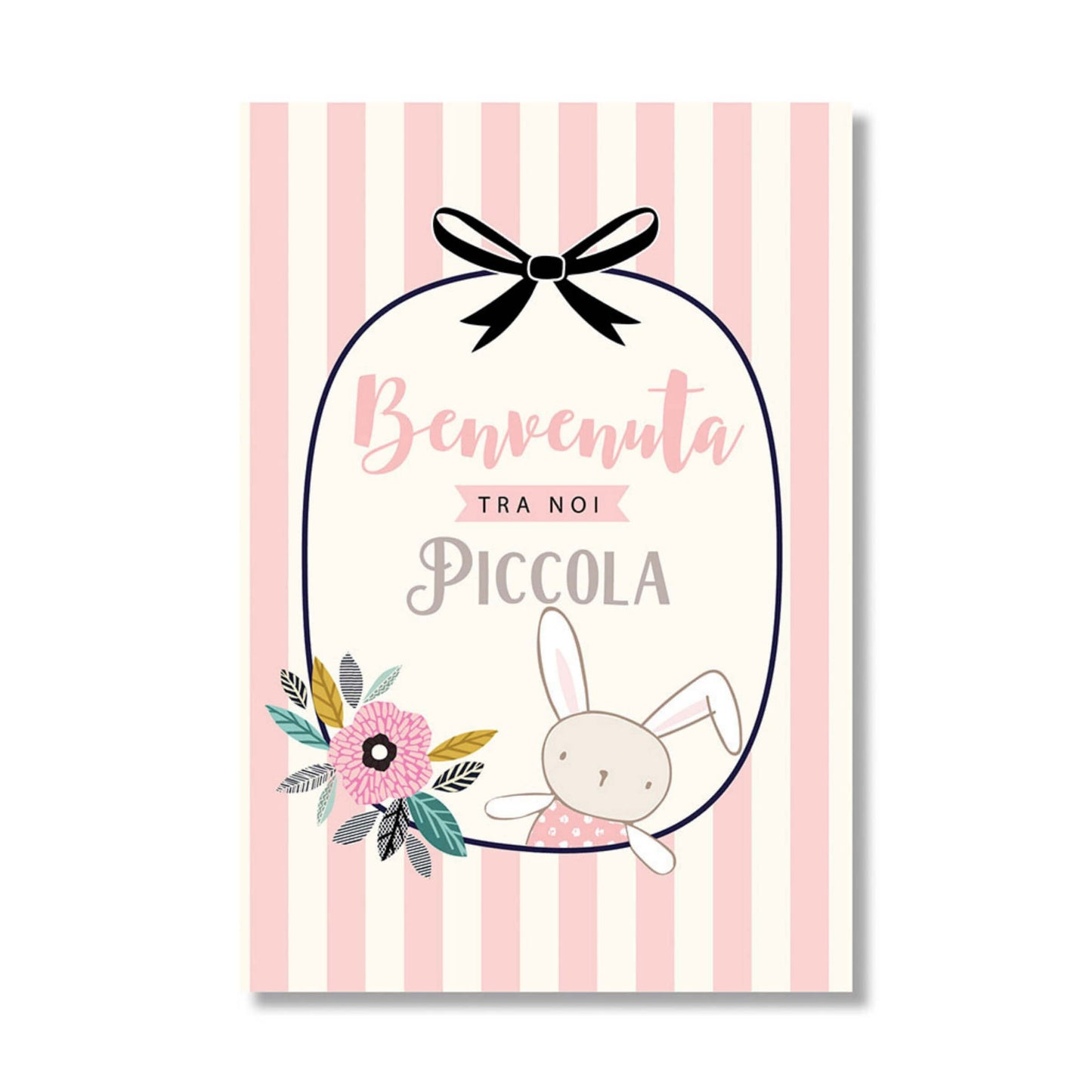 Biglietto augurale nascita rosa pop up Benvenuta - grafica righe pastello, fiocco nero e coniglietto