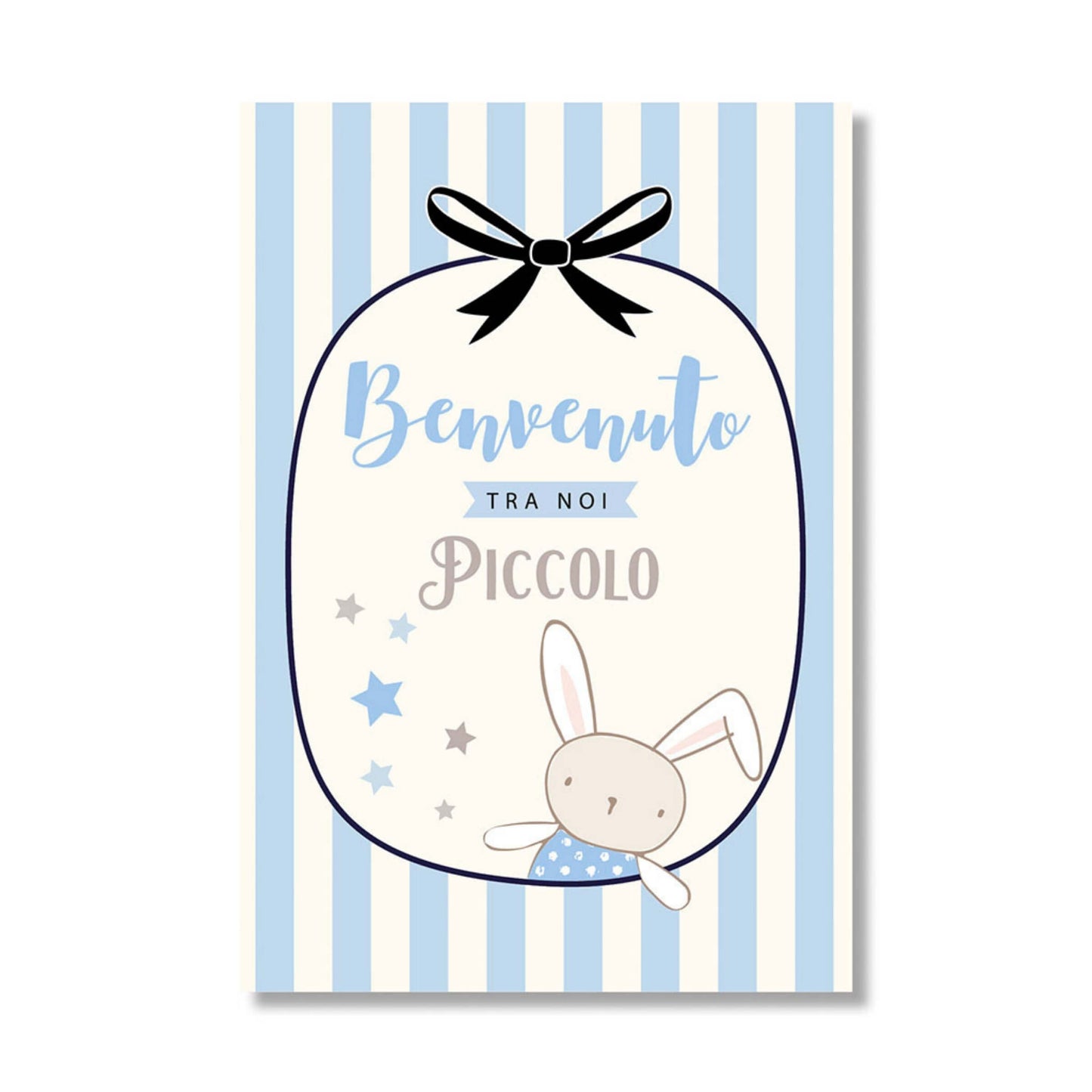 Biglietto augurale nascita azzurro pop up Benvenuto - righe verticali azzurre e crema, coniglietto