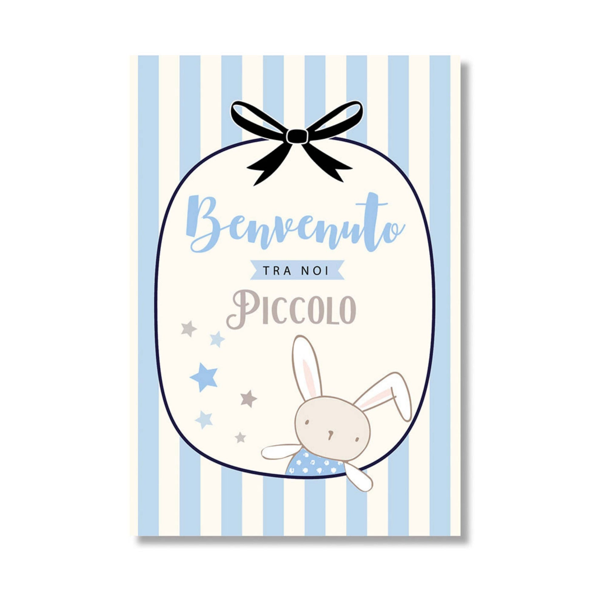 Biglietto augurale nascita azzurro pop up Benvenuto - righe verticali azzurre e crema, coniglietto