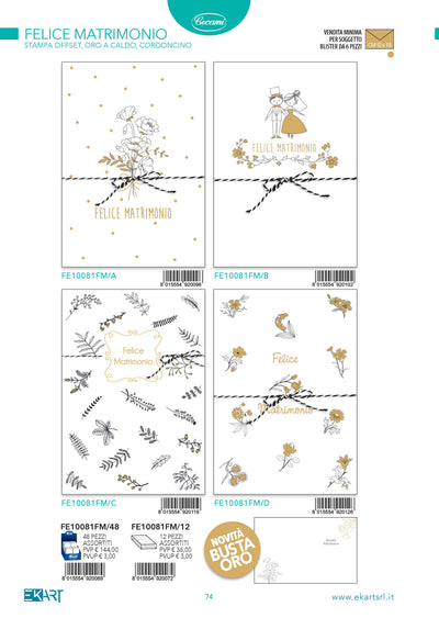 Biglietti Felice Matrimonio stampa offset oro a caldo cordoncino con busta oro 12pz